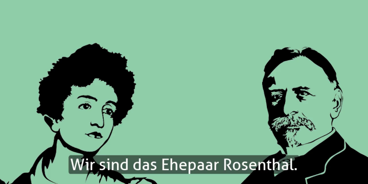 Karikatur der Köpfe von Clara und Eduard Rosenthal af grünem Grund.