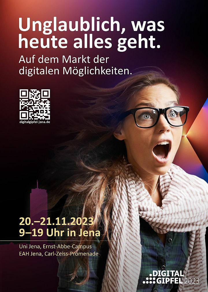 Plakat zum Markt der digitalen Möglichkeiten 2023 mit staunender Frau und Text "Unglaublich, was heute alles geht. Auf dem Markt der digitalen Möglichkeiten"